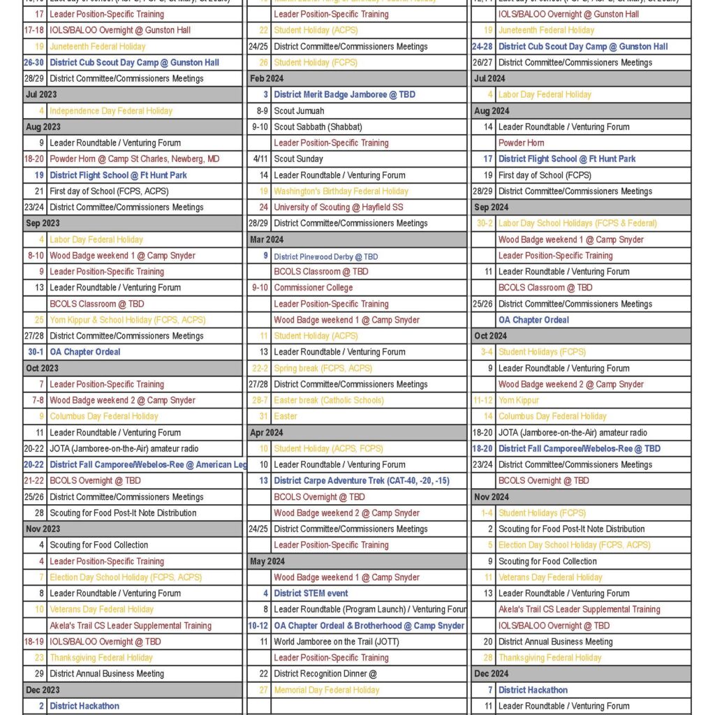 Long Range Planning Calendar - Colonial